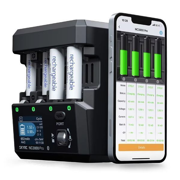 SKYRC NC3000 Pro NiMH NiCd PD/QC AA/AAA Умное зарядное устройство для батарей с 4 слотами,1,77 дюйма,экран LED,управление приложением,разрядка 7d6a805dd5 фото